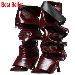 Suede Knee High Boots Stiletto Heel Pointed Toe Slouchy Wide Calf